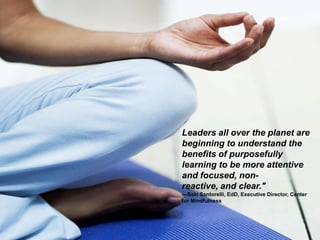Leaders all over the planet are
beginning to understand the
benefits of purposefully
learning to be more attentive
and focused, nonreactive, and clear."
—Saki Santorelli, EdD, Executive Director, Center
for Mindfulness

 