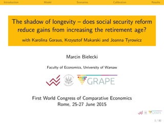 Introduction Model Scenarios Calibration Results
The shadow of longevity – does social security reform
reduce gains from increasing the retirement age?
with Karolina Goraus, Krzysztof Makarski and Joanna Tyrowicz
Marcin Bielecki
Faculty of Economics, University of Warsaw
First World Congress of Comparative Economics
Rome, 25-27 June 2015
1 / 30
 
