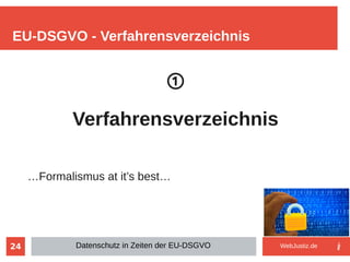 24
①
Verfahrensverzeichnis
…Formalismus at it’s best…
EU-DSGVO - Verfahrensverzeichnis
Datenschutz in Zeiten der EU-DSGVO WebJustiz.de
 