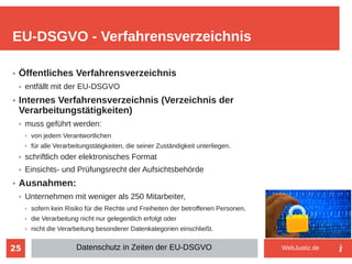 25
➢ Öffentliches Verfahrensverzeichnis
➢ entfällt mit der EU-DSGVO
➢ Internes Verfahrensverzeichnis (Verzeichnis der
Verarbeitungstätigkeiten)
➢ muss geführt werden:
➢ von jedem Verantwortlichen
➢ für alle Verarbeitungstätigkeiten, die seiner Zuständigkeit unterliegen.
➢ schriftlich oder elektronisches Format
➢ Einsichts- und Prüfungsrecht der Aufsichtsbehörde
➢ Ausnahmen:
➢ Unternehmen mit weniger als 250 Mitarbeiter,
➢ sofern kein Risiko für die Rechte und Freiheiten der betroffenen Personen,
➢ die Verarbeitung nicht nur gelegentlich erfolgt oder
➢ nicht die Verarbeitung besonderer Datenkategorien einschließt.
EU-DSGVO - Verfahrensverzeichnis
Datenschutz in Zeiten der EU-DSGVO WebJustiz.de
 
