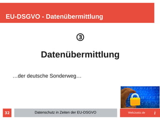 32
③
Datenübermittlung
…der deutsche Sonderweg…
EU-DSGVO - Datenübermittlung
Datenschutz in Zeiten der EU-DSGVO WebJustiz.de
 