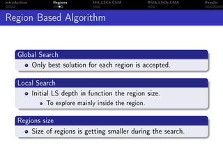 Introduction Regions MA-LSCh-CMA RMA-LSCh-CMA Results
Region Based Algorithm
Global Search
Only best solution for each region is accepted.
Local Search
Initial LS depth in function the region size.
To explore mainly inside the region.
Regions size
Size of regions is getting smaller during the search.
 