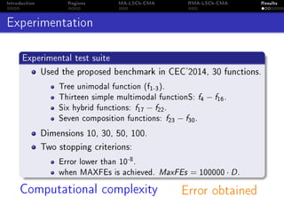Introduction Regions MA-LSCh-CMA RMA-LSCh-CMA Results
Experimentation
Experimental test suite
Used the proposed benchmark in CEC'2014, 30 functions.
Tree unimodal function (f1-3).
Thirteen simple multimodal functionS: f4 − f16.
Six hybrid functions: f17 − f22.
Seven composition functions: f23 − f30.
Dimensions 10, 30, 50, 100.
Two stopping criterions:
Error lower than 10-8.
when MAXFEs is achieved. MaxFEs = 100000 · D.
Computational complexity Error obtained
 