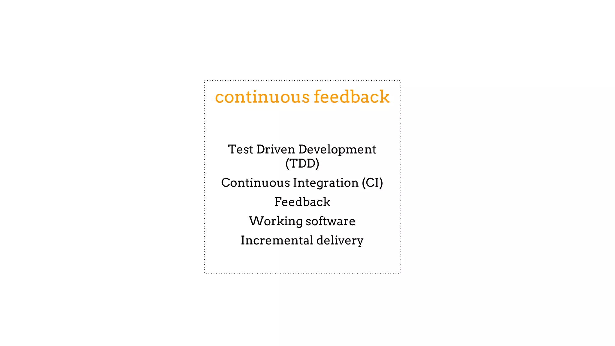 continuous feedback
Test Driven Development
(TDD)
Continuous Integration (CI)
Feedback
Working software
Incremental delivery
 