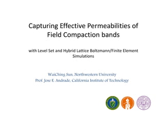 Capturing Effective Permeabilities of 
     Field Compaction bands 

with Level Set and Hybrid Lattice Boltzmann/Finite Element 
                       Simulations



           WaiChing Sun, Northwestern University
   Prof. Jose E. Andrade, California Institute of Technology
 