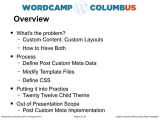 Overview
• What's the problem?
– Custom Content, Custom Layouts
– How to Have Both
• Process
– Define Post Custom Meta Dat...