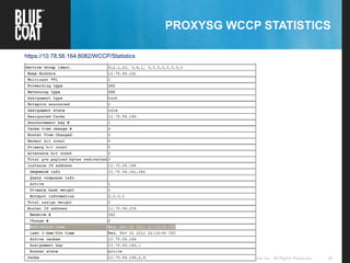 40Copyright © 2013 Blue Coat Systems Inc. All Rights Reserved.
PROXYSG WCCP STATISTICS
https://10.78.56.164:8082/WCCP/Statistics
 