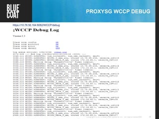 42Copyright © 2013 Blue Coat Systems Inc. All Rights Reserved.
PROXYSG WCCP DEBUG
https://10.78.56.164:8082/WCCP/debug
 