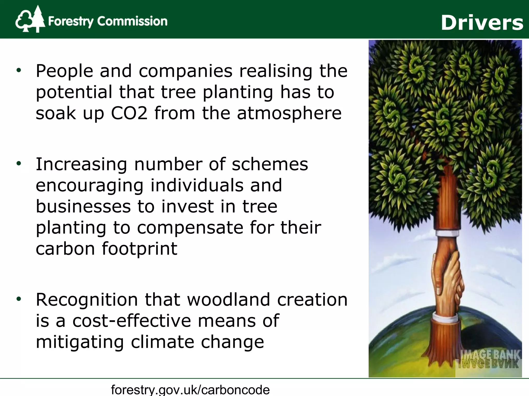 forestry.gov.uk/carboncode
Drivers
• People and companies realising the
potential that tree planting has to
soak up CO2 from the atmosphere
• Increasing number of schemes
encouraging individuals and
businesses to invest in tree
planting to compensate for their
carbon footprint
• Recognition that woodland creation
is a cost-effective means of
mitigating climate change
 