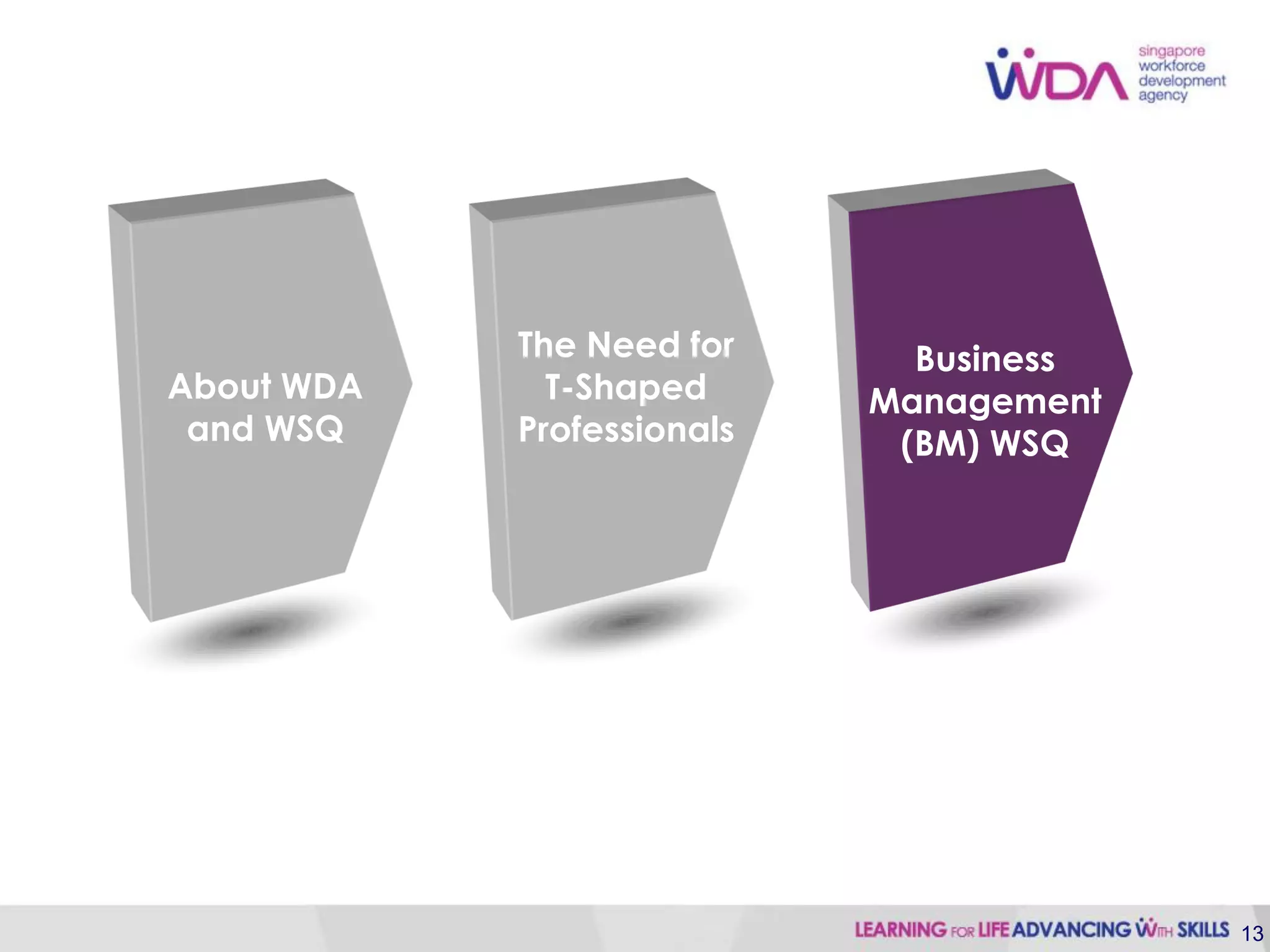 The Need for      Business
About WDA     T-Shaped      Management
 and WSQ    Professionals    (BM) WSQ




                                         13
 