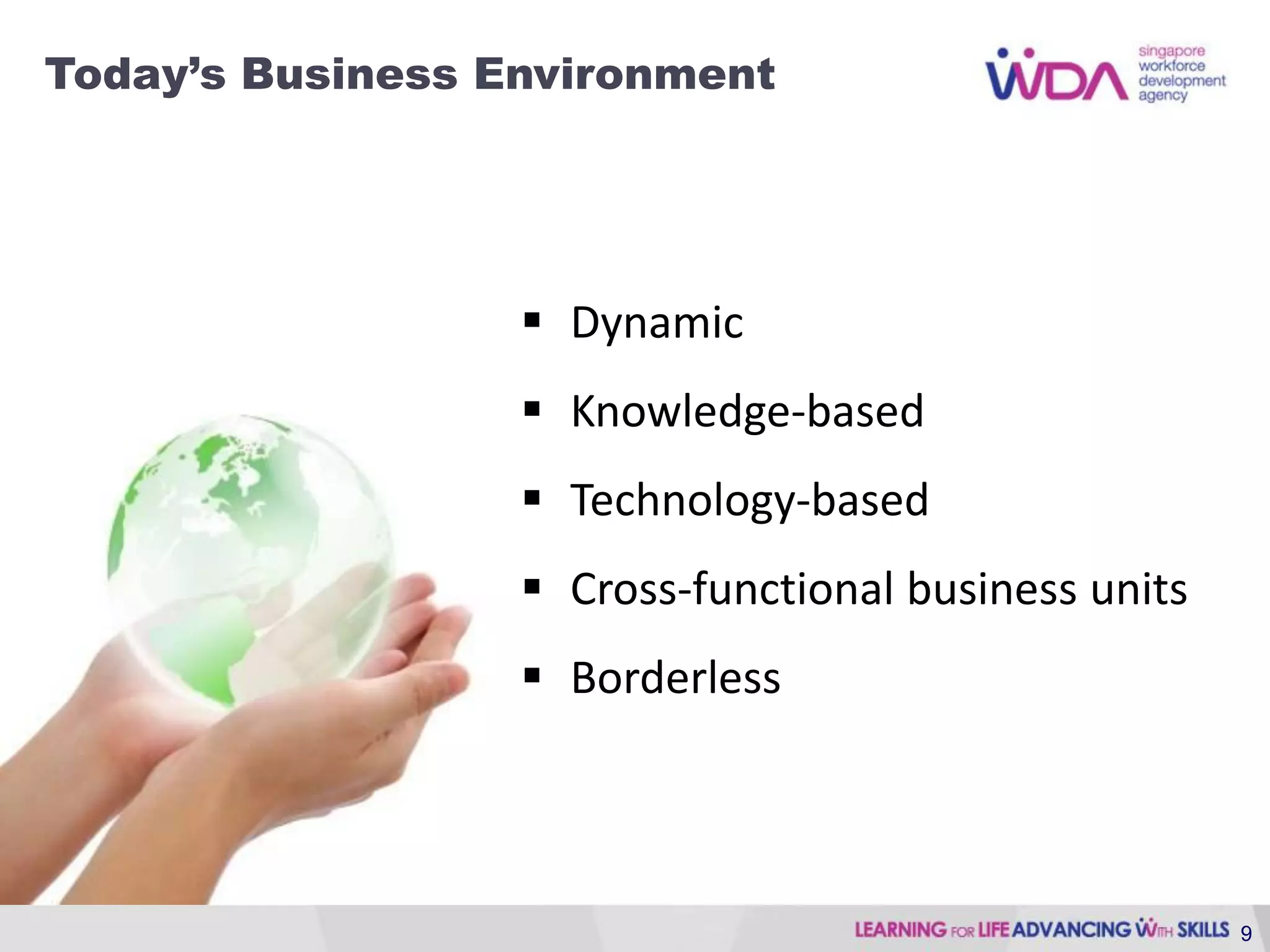 Today’s Business Environment




                   Dynamic
                   Knowledge-based
                   Technology-based
                   Cross-functional business units
                   Borderless




                                                      9
 