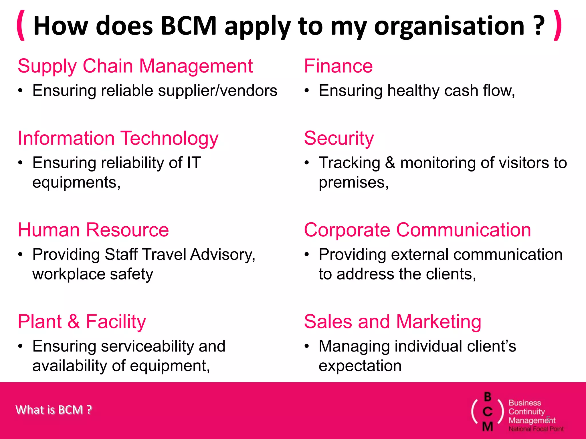 ( How does BCM apply to my organisation ? )
Supply Chain Management                Finance
• Ensuring reliable supplier/vendors   • Ensuring healthy cash flow,

Information Technology                 Security
• Ensuring reliability of IT           • Tracking & monitoring of visitors to
  equipments,                            premises,

Human Resource                         Corporate Communication
• Providing Staff Travel Advisory,     • Providing external communication
  workplace safety                       to address the clients,

Plant & Facility                       Sales and Marketing
• Ensuring serviceability and          • Managing individual client’s
  availability of equipment,             expectation

What is BCM ?
                                                                         5
 