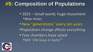 • 2025 – Small world, huge movement2025 – Small world, huge movement
•New mixesNew mixes
• New “generations” every ten yearsNew “generations” every ten years
•Population change affectsPopulation change affects everythingeverything
• Few chambers have actedFew chambers have acted
•Still “Old Guys in Suits?”Still “Old Guys in Suits?”
#5#5: Composition of Populations: Composition of Populations
 