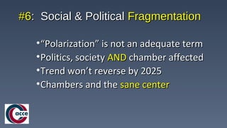 #6#6: Social & Political: Social & Political FragmentationFragmentation
•““Polarization” is not an adequate termPolarization” is not an adequate term
•Politics, societyPolitics, society ANDAND chamber affectedchamber affected
•Trend won’t reverse by 2025Trend won’t reverse by 2025
•Chambers and theChambers and the sane centersane center
 
