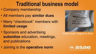 Traditional business model
• Company membership
• All members pay similar dues
• Many “checkbook” members with
limited usage
• Sponsors and advertising
subsidize education, meetings,
and publications
• Joining is the operative norm
Photo credit: Angusf on flickr
 