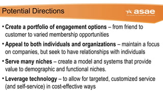 Potential Directions
• Create a portfolio of engagement options – from friend to
customer to varied membership opportunities
• Appeal to both individuals and organizations – maintain a focus
on companies, but seek to have relationships with individuals
• Serve many niches – create a model and systems that provide
value to demographic and functional niches.
• Leverage technology – to allow for targeted, customized service
(and self-service) in cost-effective ways
 