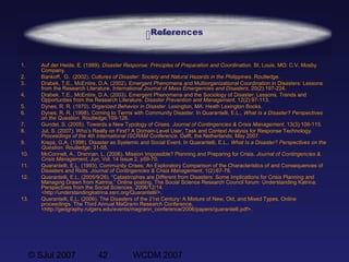© SJul 2007 42 WCDM 2007
References
1. Auf der Heide, E. (1989). Disaster Response: Principles of Preparation and Coordination. St. Louis, MO: C.V. Mosby
Company.
2. Bankoff, G. (2002). Cultures of Disaster: Society and Natural Hazards in the Philippines. Routledge.
3. Drabek, T.E., McEntire, D.A. (2002). Emergent Phenomena and Multiorganizational Coordination in Disasters: Lessons
from the Research Literature. International Journal of Mass Emergencies and Disasters, 20(2):197-224.
4. Drabek, T.E., McEntire, D.A. (2003). Emergent Phenomena and the Sociology of Disaster: Lessons, Trends and
Opportunties from the Research Literature. Disaster Prevention and Management, 12(2):97-113.
5. Dynes, R. R. (1970). Organized Behavior in Disaster. Lexington, MA: Heath Lexington Books.
6. Dynes, R. R. (1998). Coming to Terms with Community Disaster. In Quarantelli, E.L., What Is a Disaster? Perspectives
on the Question. Routledge:109-126.
7. Gundel, S. (2005). Towards a New Typology of Crises. Journal of Contingencies & Crisis Management, 13(3):106-115.
8. Jul, S. (2007). Who’s Really on First? A Domain-Level User, Task and Context Analysis for Response Technology.
Proceedings of the 4th International ISCRAM Conference. Delft, the Netherlands, May 2007.
9. Kreps, G.A. (1998). Disaster as Systemic and Social Event. In Quarantelli, E.L., What Is a Disaster? Perspectives on the
Question. Routledge: 31-55.
10. McConnell, A., Drennan, L. (2006). Mission Impossible? Planning and Preparing for Crisis. Journal of Contingencies &
Crisis Management, Jun, Vol. 14 Issue 2, p59-70.
11. Quarantelli, E.L. (1993). Community Crises: An Exploratory Comparison of the Characteristics of and Consequences of
Disasters and Riots. Journal of Contingencies & Crisis Management, 1(2):67-78.
12. Quarantelli, E.L. (2005/9/26). “Catastrophes are Different from Disasters: Some Implications for Crisis Planning and
Managing Drawn from Katrina.” Online posting. The Social Science Research Council forum: Understanding Katrina:
Perspectives from the Social Sciences. 2006/12/14.
<http://understandingkatrina.ssrc.org/Quarantelli/>.
13. Quarantelli, E.L. (2006). The Disasters of the 21st Century: A Mixture of New, Old, and Mixed Types. Online
proceedings. The Third Annual MaGrann Research Conference.
<http://geography.rutgers.edu/events/magrann_conference/2006/papers/quarantelli.pdf>.
 