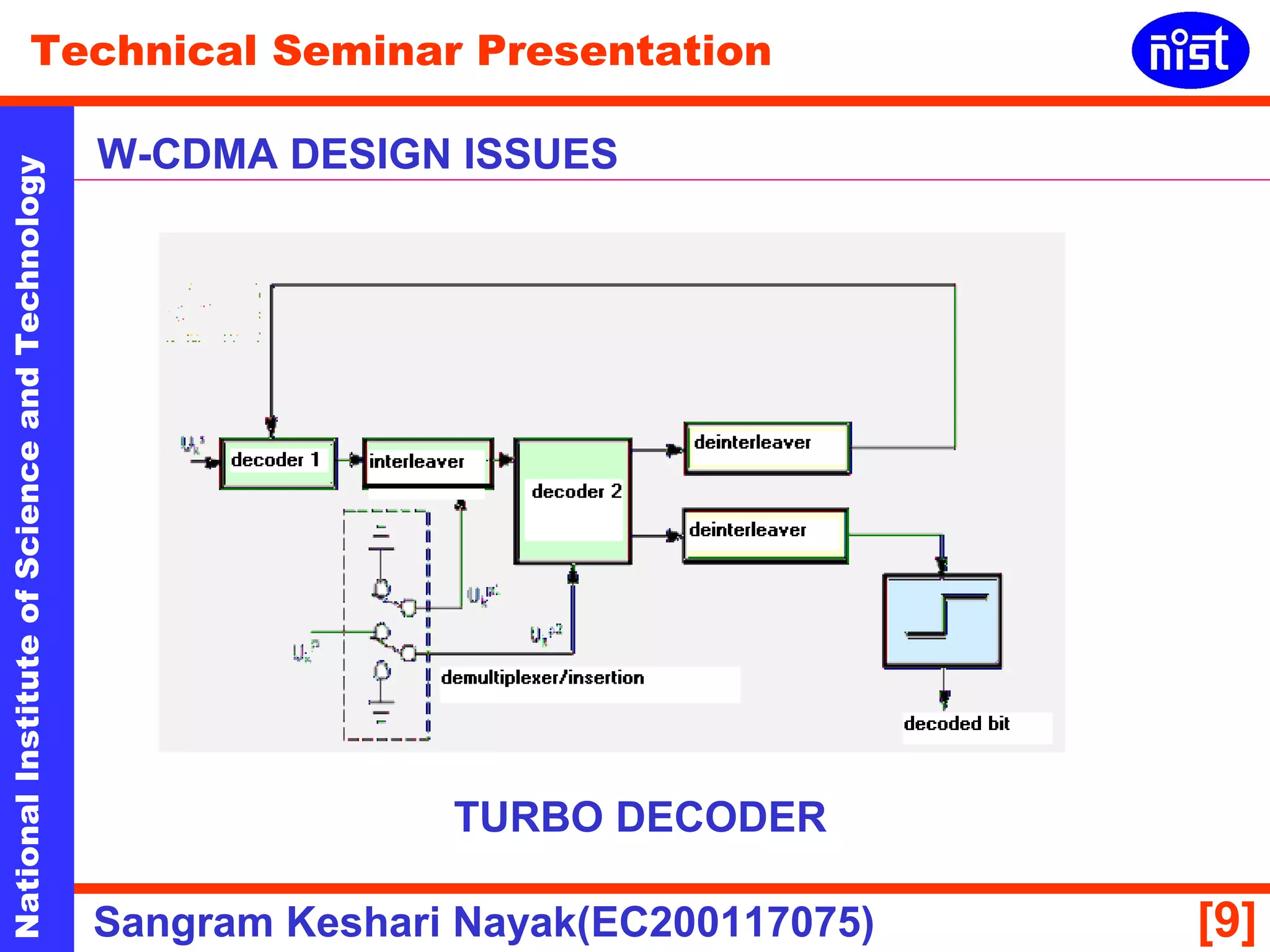 Technical Seminar Presentation 
W-CDMA DESIGN ISSUES 
National Institute of Science and Technology [9] 
TURBO DECODER 
Sangram Keshari Nayak(EC200117075) 
 