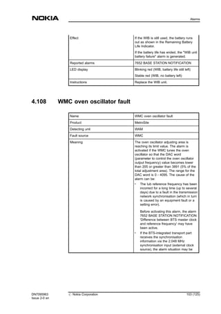 Effect If the WIB is still used, the battery runs
out as shown in the Remaining Battery
Life Indicator.
If the battery life has ended, the "WIB unit
battery failure" alarm is generated.
Reported alarms 7652 BASE STATION NOTIFICATION
LED display Blinking red (WIB, battery life still left)
Stable red (WIB, no battery left)
Instructions Replace the WIB unit.
4.108 WMC oven oscillator fault
Name WMC oven oscillator fault
Product MetroSite
Detecting unit WAM
Fault source WMC
Meaning The oven oscillator adjusting area is
reaching its limit value. The alarm is
activated if the WMC tunes the oven
oscillator so that the DAC word
(parameter to control the oven oscillator
output frequency) value becomes lower
than 205 or greater than 3891 (5% of the
total adjustment area). The range for the
DAC word is 0 - 4095. The cause of the
alarm can be:
. The Iub reference frequency has been
incorrect for a long time (up to several
days) due to a fault in the transmission
network synchronisation (which in turn
is caused by an equipment fault or a
setting error).
Before activating this alarm, the alarm
7652 BASE STATION NOTIFICATION:
'Difference between BTS master clock
and reference frequency' may have
been active.
. If the BTS-integrated transport part
receives the synchronisation
information via the 2.048 MHz
synchronisation input (external clock
source), the alarm situation may be
DN7095963
Issue 2-0 en
# Nokia Corporation 103 (125)
Alarms
MENU
 