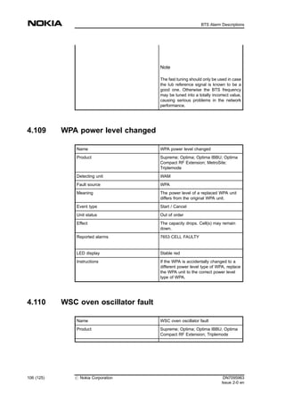 Note
The fast tuning should only be used in case
the Iub reference signal is known to be a
good one. Otherwise the BTS frequency
may be tuned into a totally incorrect value,
causing serious problems in the network
performance.
4.109 WPA power level changed
Name WPA power level changed
Product Supreme; Optima; Optima IBBU; Optima
Compact RF Extension; MetroSite;
Triplemode
Detecting unit WAM
Fault source WPA
Meaning The power level of a replaced WPA unit
differs from the original WPA unit.
Event type Start / Cancel
Unit status Out of order
Effect The capacity drops. Cell(s) may remain
down.
Reported alarms 7653 CELL FAULTY
LED display Stable red
Instructions If the WPA is accidentally changed to a
different power level type of WPA, replace
the WPA unit to the correct power level
type of WPA.
4.110 WSC oven oscillator fault
Name WSC oven oscillator fault
Product Supreme; Optima; Optima IBBU; Optima
Compact RF Extension; Triplemode
106 (125) # Nokia Corporation DN7095963
Issue 2-0 en
BTS Alarm Descriptions
MENU
 