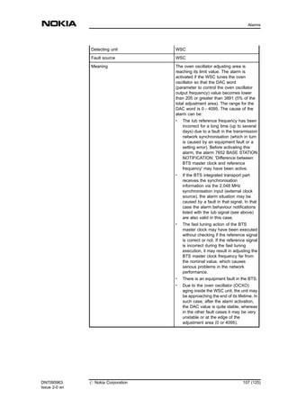 Detecting unit WSC
Fault source WSC
Meaning The oven oscillator adjusting area is
reaching its limit value. The alarm is
activated if the WSC tunes the oven
oscillator so that the DAC word
(parameter to control the oven oscillator
output frequency) value becomes lower
than 205 or greater than 3891 (5% of the
total adjustment area). The range for the
DAC word is 0 - 4095. The cause of the
alarm can be:
.
The Iub reference frequency has been
incorrect for a long time (up to several
days) due to a fault in the transmission
network synchronisation (which in turn
is caused by an equipment fault or a
setting error). Before activating this
alarm, the alarm 7652 BASE STATION
NOTIFICATION: 'Difference between
BTS master clock and reference
frequency' may have been active.
.
If the BTS integrated transport part
receives the synchronisation
information via the 2.048 MHz
synchronisation input (external clock
source), the alarm situation may be
caused by a fault in that signal. In that
case the alarm behaviour notifications
listed with the Iub signal (see above)
are also valid in this case.
. The fast tuning action of the BTS
master clock may have been executed
without checking if the reference signal
is correct or not. If the reference signal
is incorrect during the fast tuning
execution, it may result in adjusting the
BTS master clock frequency far from
the nominal value, which causes
serious problems in the network
performance.
. There is an equipment fault in the BTS.
.
Due to the oven oscillator (OCXO)
aging inside the WSC unit, the unit may
be approaching the end of its lifetime. In
such case, after the alarm activation,
the DAC value is quite stable, whereas
in the other fault cases it may be very
unstable or at the edge of the
adjustment area (0 or 4095).
DN7095963
Issue 2-0 en
# Nokia Corporation 107 (125)
Alarms
MENU
 