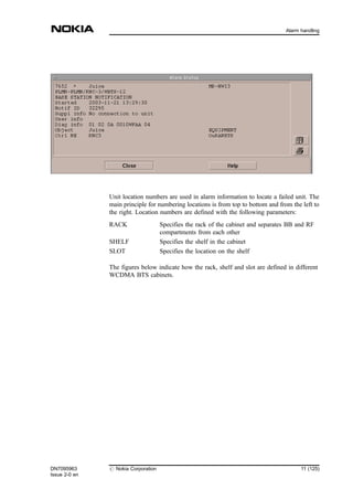 Unit location numbers are used in alarm information to locate a failed unit. The
main principle for numbering locations is from top to bottom and from the left to
the right. Location numbers are defined with the following parameters:
RACK Specifies the rack of the cabinet and separates BB and RF
compartments from each other
SHELF Specifies the shelf in the cabinet
SLOT Specifies the location on the shelf
The figures below indicate how the rack, shelf and slot are defined in different
WCDMA BTS cabinets.
DN7095963
Issue 2-0 en
# Nokia Corporation 11 (125)
Alarm handling
MENU
 