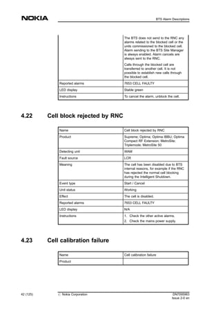 The BTS does not send to the RNC any
alarms related to the blocked cell or the
units commissioned to the blocked cell.
Alarm sending to the BTS Site Manager
is always enabled. Alarm cancels are
always sent to the RNC.
Calls through the blocked cell are
transferred to another cell. It is not
possible to establish new calls through
the blocked cell.
Reported alarms 7653 CELL FAULTY
LED display Stable green
Instructions To cancel the alarm, unblock the cell.
4.22 Cell block rejected by RNC
Name Cell block rejected by RNC
Product Supreme; Optima; Optima IBBU; Optima
Compact RF Extension; MetroSite;
Triplemode; MetroSite 50
Detecting unit WAM
Fault source LCR
Meaning The cell has been disabled due to BTS
internal reasons, for example if the RNC
has rejected the normal cell blocking
during the Intelligent Shutdown.
Event type Start / Cancel
Unit status Working
Effect The cell is disabled.
Reported alarms 7653 CELL FAULTY
LED display N/A
Instructions 1. Check the other active alarms.
2. Check the mains power supply.
4.23 Cell calibration failure
Name Cell calibration failure
Product
42 (125) # Nokia Corporation DN7095963
Issue 2-0 en
BTS Alarm Descriptions
MENU
 