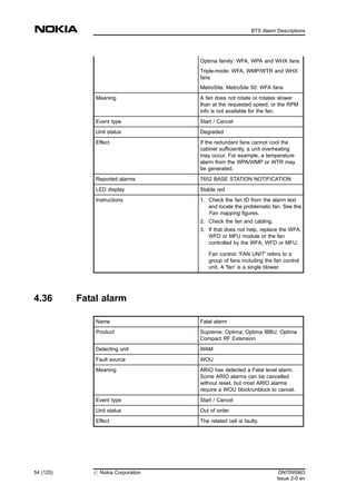 Optima family: WFA, WPA and WHX fans
Triple-mode: WFA, WMP/WTR and WHX
fans
MetroSite, MetroSite 50: WFA fans
Meaning A fan does not rotate or rotates slower
than at the requested speed, or the RPM
info is not available for the fan.
Event type Start / Cancel
Unit status Degraded
Effect If the redundant fans cannot cool the
cabinet sufficiently, a unit overheating
may occur. For example, a temperature
alarm from the WPA/WMP or WTR may
be generated.
Reported alarms 7652 BASE STATION NOTIFICATION
LED display Stable red
Instructions 1. Check the fan ID from the alarm text
and locate the problematic fan. See the
Fan mapping figures.
2. Check the fan and cabling.
3. If that does not help, replace the WFA,
WFD or MFU module or the fan
controlled by the WFA, WFD or MFU.
Fan control: 'FAN UNIT' refers to a
group of fans including the fan control
unit. A 'fan' is a single blower.
4.36 Fatal alarm
Name Fatal alarm
Product Supreme; Optima; Optima IBBU; Optima
Compact RF Extension
Detecting unit WAM
Fault source WOU
Meaning ARIO has detected a Fatal level alarm.
Some ARIO alarms can be cancelled
without reset, but most ARIO alarms
require a WOU block/unblock to cancel.
Event type Start / Cancel
Unit status Out of order
Effect The related cell is faulty.
54 (125) # Nokia Corporation DN7095963
Issue 2-0 en
BTS Alarm Descriptions
MENU
 