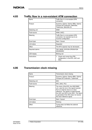4.85 Traffic flow in a non-existent ATM connection
Name Traffic flow in a non-existent ATM
connection
Product Supreme; Optima; Optima IBBU; Optima
Compact RF Extension; MetroSite;
Triplemode; MetroSite 50
Detecting unit WAM
Fault source WAM, (AXC)
Meaning Traffic flow in a non-existent ATM
connection, for example due to an
incorrect configuration.
Event type Start / Cancel
Unit status Degraded
Effect The BTS capacity may be decreased.
Reported alarms 7651 BASE STATION OPERATION
DEGRADED
LED display Blinking red
Instructions 1. Check and correct the ATM
configuration in the BTS, AXC and
RNC.
4.86 Transmission clock missing
Name Transmission clock missing
Product Supreme; Optima; Optima IBBU; Optima
Compact RF Extension; Triplemode
Detecting unit WCI
Fault source WCI, (AXU, IFU)
Meaning The clock of the BTS, the WSC/WMC
unit, uses the Iub or the signal received
from an external clock as a clock
reference. The signal is routed through
the AXC and WCI to the WSC. This alarm
is generated if the WCI does not receive
the clock reference signal.
Event type Start / Cancel
Unit status Working
Effect Tuning does not follow the external
reference.
DN7095963
Issue 2-0 en
# Nokia Corporation 87 (125)
Alarms
MENU
 