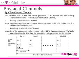 Physical Channels
Synchronization Channel
This channel used in the cell search procedure. It is divided into the Primary
Synchronization and Secondary Synchronization Channel
 Primary Synchronization Channel
It carries primary synchronization codes transmitted in each slot of a radio frame. It is
same for cells in the network.
 Secondary Synchronization Channel
It consist of the secondary Synchronization codes (SSC). System selects the SSC to be
transmitted in a slot, based on the scrambling code group and the slot number.
Primary
SCH
Secondary
SCH
256 chips
2560 chips
One 10 ms SCH radio frame
acs
i,0
acp
acs
i,1
acp
acs
i,14
acp
Slot #0 Slot #1 Slot #14
 