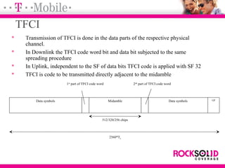TFCI
 Transmission of TFCI is done in the data parts of the respective physical
channel.
 In Downlink the TFCI code word bit and data bit subjected to the same
spreading procedure
 In Uplink, independent to the SF of data bits TFCI code is applied with SF 32
 TFCI is code to be transmitted directly adjacent to the midamble
Data symbols Midamble Data symbols GP
512/320/256 chips
2560*Tc
1st
part of TFCI code word 2nd
part of TFCI code word
 