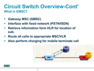 Circuit Switch Overview-Cont’
What is GMSC?

  Gateway MSC (GMSC)
  Interface with fixed network (PSTN/ISDN)
  Retrieve information form HLR for location of
  sub.
  Route all calls to appropriate MSC/VLR
  Also perform charging for mobile terminate call




                     8
 