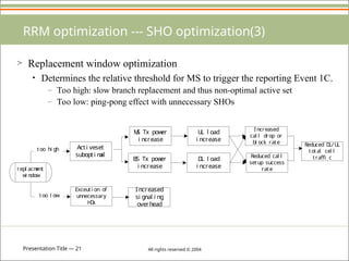 Presentation Title — 21 All rights reserved © 2004
RRM optimization --- SHO optimization(3)
> Replacement window optimization
• Determines the relative threshold for MS to trigger the reporting Event 1C.
– Too high: slow branch replacement and thus non-optimal active set
– Too low: ping-pong effect with unnecessary SHOs
repl acm
ent
w
i ndow
Acti veset
subopti m
al
Exceuti on of
unnecessary
H
O
s
M
S Tx pow
er
i ncrease
I ncreased
si gnal i ng
overhead
BS Tx pow
er
i ncrease
D
L l oad
i ncrease
too hi gh
too l ow
Reduced cal l
setup success
rate
U
L l oad
i ncrease
I ncreased
cal l drop or
bl ock rate Reduced D
L/U
L
total cel l
traffi c
 