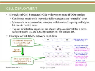 Presentation Title — 31 All rights reserved © 2004
CELL DEPLOYMENT
> Hierarchical Cell Structure(HCS) with two or more (FDD) carriers
• Continuous macro-cells to provide full coverage as an “umbrella” layer.
• Micro-cells to accommodate hot-spots with increased capacity and higher
bit rates in limited areas.
• Typical air interface capacities are about 1Mbps/carrier/cell for a three-
sectored macro BS and 1.5Mbps/carrier/cell for a micro BS.
f 1 f 1 f 1
f 1 f 1 f 1
f 2
f 1 f 1 f 1
f 2
f 2 f 2 f 2 f 2 f 2 f 2
f 1, f 2 f 1, f 2 f 1, f 2 f 1, f 2 f 1, f 2 f 1, f 2
Conti nuous m
acro l ayer
w
i th frequency f1
Conti nuous m
acro l ayer
w
i th frequency f1
Sel ected areas w
i th m
i cro
cel l s w
i th f requency f 2
Conti nuous m
acro l ayer
w
i th frequency f1
Conti nuous m
i cro l ayer
w
i th frequency f2
Both frequenci es
conti nuousl y f 1, f 2
used i n m
i cro l ayer
N
o m
acro l ayer
> Example of WCDMA network evolution
An “umbrella” macro cell
is best suited for high-
mobility users
Micro layer provides a
very high capacity in a
limited area
Capacity
enhancement
 