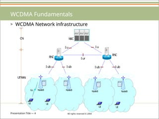 Presentation Title — 4 All rights reserved © 2004
WCDMA Fundamentals
> WCDMA Network infrastructure
I u
I ur
I ub I ub
U
u
M
SC
RN
C
RN
C
N
odeB N
odeB
N
odeB N
odeB
U
E
CN
U
TRAN
I u
I ub I ub
U
E
U
E U
E
Data General Data General
Data General
 