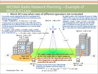 Presentation Title — 44 All rights reserved © 2004
WCDMA Radio Network Planning ---Example of
Worst ACI case
> Worst ACI case when sites of different operators not co-located
D
ead Zone
f or O
perator 1
O
perator 1 M
S
M
ax. TX pow
er
si gnal
si gnal
ACI
ACI
O
perator 1
M
S
O
perator 2 M
i cro Cel l
hi gh TX pow
er
O
perator 2 M
i cro Cel l
O
perator 1 M
acro Cel l
Assuming ACS and ACLR of values 33dB and 45dB
respectively, the coupling C between the carriers can
be calculated as:
dB
C 7
.
32
)
10
10
(
log
10 10
/
45
10
/
33
10 



 

For uplink scenario, with a maximum MS power of 21dBm,
53dB for MCL to the micro BS and coupoing between the
carriers of C=32.7dB,the received level at the micro BS and be
estimated as
if the background noise level is dBm, the micro BS would
suffer a 38.4 dB noise rise form one macro user, which is
located in the radio sense at the MCL distance form the micro
BS, i.e. such a macro user would completely block the micro
BS.
dBm
dB
dB
dBm 7
.
64
7
.
32
53
21 



For downlink scenario, supposing the micro BS is transmitting with a
minimum power of 0.5W(27dBm); then the received interference at the
MS in the adjacent channel is
Assuming speech service (processing gain of Gp=25dB) with an Eb/No
requirement at the Ms of 5dB and an allowed noise rise in the macro cell
of 6 dB, the maximum allowed propagation loss Lp to keep the uplink
connection working is
if we further consider a DL Tx Eb/No requirement of 8dB, the transmit
power would need to be
dBm
ACS
dB
MCL
dB
dBm 7
.
58
)
(
7
.
32
)
(
53
27 



dB
dB
dBm
dB
dB
dBm
Lp 138
)
6
103
(
25
5
21 






dBm
dB
dB
dB
dBm
ptx 3
.
62
138
25
8
7
.
58 





This simple example shows that clearly in these cases
the DL is the weaker link, i.e. before coming too
close to a micro BS, the connection of a macro BS
will be dropped due to insufficient DL power and it
cannot block the micro BS.
 