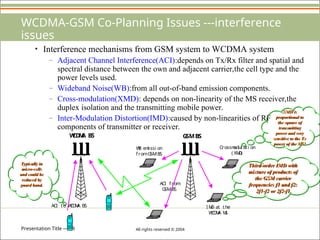 Presentation Title — 49 All rights reserved © 2004
WCDMA-GSM Co-Planning Issues ---interference
issues
• Interference mechanisms from GSM system to WCDMA system
– Adjacent Channel Interference(ACI):depends on Tx/Rx filter and spatial and
spectral distance between the own and adjacent carrier,the cell type and the
power levels used.
– Wideband Noise(WB):from all out-of-band emission components.
– Cross-modulation(XMD): depends on non-linearity of the MS receiver,the
duplex isolation and the transmitting mobile power.
– Inter-Modulation Distortion(IMD):caused by non-linearities of RF
components of transmitter or receiver.
XMD is
proportional to
the square of
transmitting
power and very
sensitive to the Tx
power of the MS!
Typically in
micro-cells
and could be
reduced by
guard band.
W
CD
M
A BS G
SMBS
ACI to W
CD
M
A BS
ACI from
G
SMBS
I M
D at the
W
CD
M
A M
S
Crossm
odul ati on
( XM
D
)
W
B em
i ssi on
fromG
SMBS
Third-order IMD with
mixture of products of
the GSM carrier
frequencies f1 and f2:
2f1-f2 or 2f2-f1
 