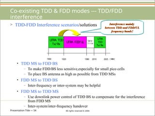 Presentation Title — 54 All rights reserved © 2004
Co-existing TDD & FDD modes --- TDD/FDD
interference
> TDD-FDD Interference scenarios/solutions
• TDD MS to FDD BS
– To make FDD/BS less sensitive,especially for small pico cells
– To place BS antenna as high as possible from TDD MSs
• FDD MS to TDD BS
– Inter-frequency or inter-system may be helpful
• FDD MS to TDD MS
– Use downlink power control of TDD BS to compensate for the interference
from FDD MS
– Inter-system/inter-frequency handover
U
TRA TD
D
Tx/Rx
U
TRA FD
D
/U
L Sate-
l l i te
U
TRA
TD
D
Tx/Rx
1900 1920 1980 2010 2025 ( M
H
z)
Interference mainly
between TDD and FDD/UL
frequency bands!
 