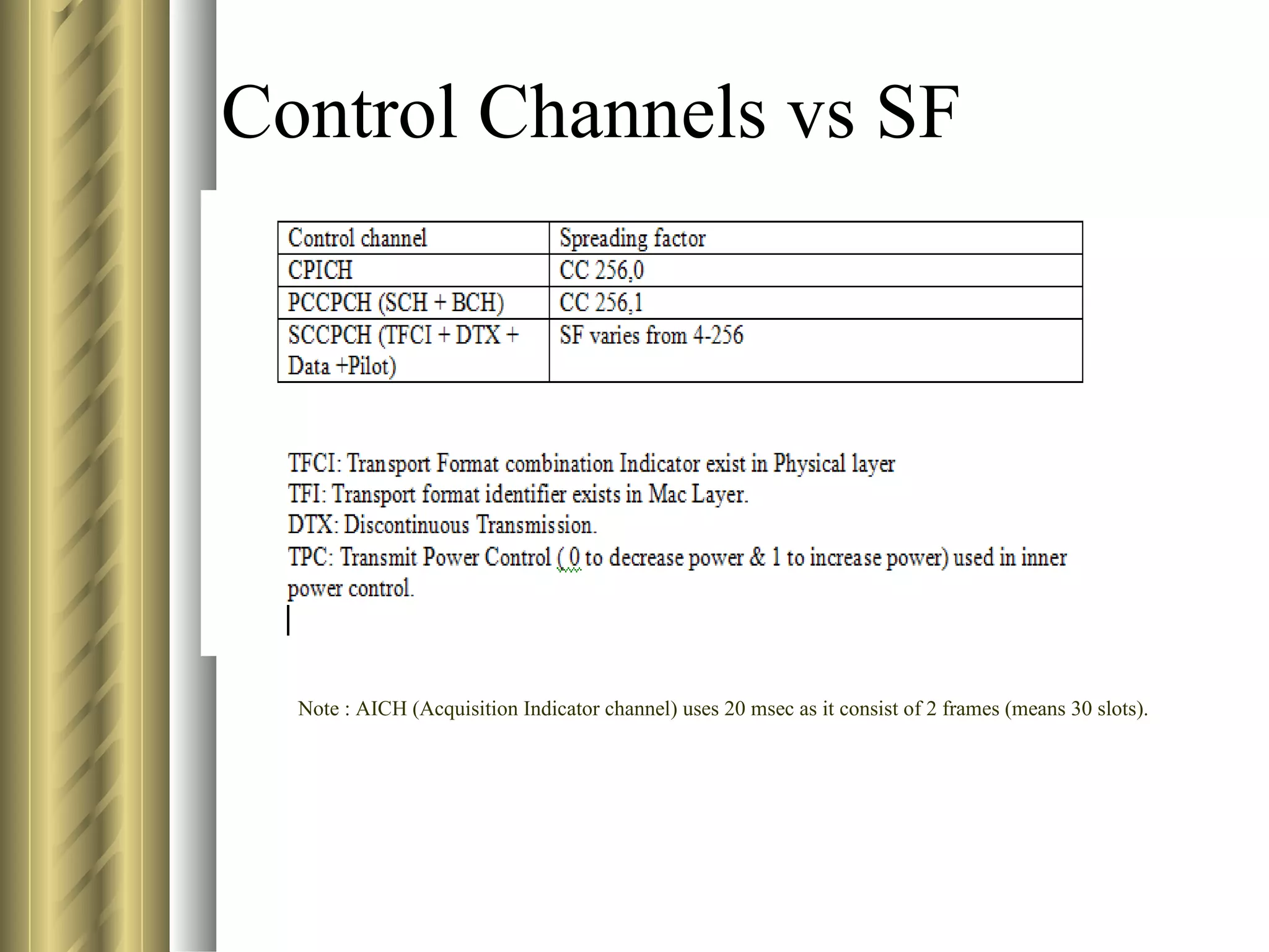 Control Channels vs SF Note : AICH (Acquisition Indicator channel) uses 20 msec as it consist of 2 frames (means 30 slots). 