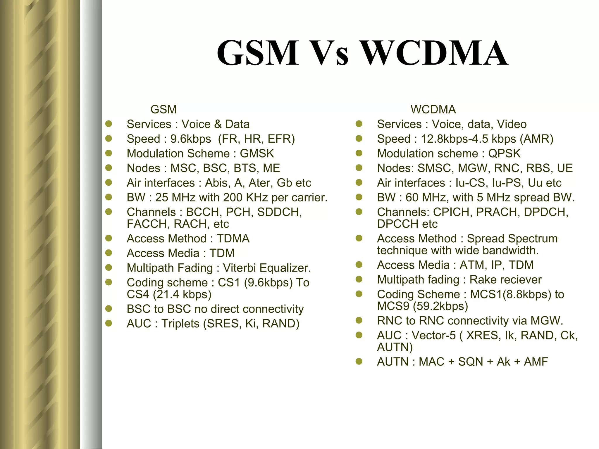 GSM Vs WCDMA GSM  Services : Voice & Data Speed : 9.6kbps  (FR, HR, EFR) Modulation Scheme : GMSK Nodes : MSC, BSC, BTS, ME Air interfaces : Abis, A, Ater, Gb etc BW : 25 MHz with 200 KHz per carrier. Channels : BCCH, PCH, SDDCH, FACCH, RACH, etc Access Method : TDMA Access Media : TDM Multipath Fading : Viterbi Equalizer. Coding scheme : CS1 (9.6kbps) To CS4 (21.4 kbps) BSC to BSC no direct connectivity AUC : Triplets (SRES, Ki, RAND) WCDMA Services : Voice, data, Video Speed : 12.8kbps-4.5 kbps (AMR)  Modulation scheme : QPSK Nodes: SMSC, MGW, RNC, RBS, UE Air interfaces : Iu-CS, Iu-PS, Uu etc  BW : 60 MHz, with 5 MHz spread BW. Channels: CPICH, PRACH, DPDCH, DPCCH etc Access Method : Spread Spectrum technique with wide bandwidth. Access Media : ATM, IP, TDM Multipath fading : Rake reciever Coding Scheme : MCS1(8.8kbps) to MCS9 (59.2kbps) RNC to RNC connectivity via MGW. AUC : Vector-5 ( XRES, Ik, RAND, Ck, AUTN) AUTN : MAC + SQN + Ak + AMF 