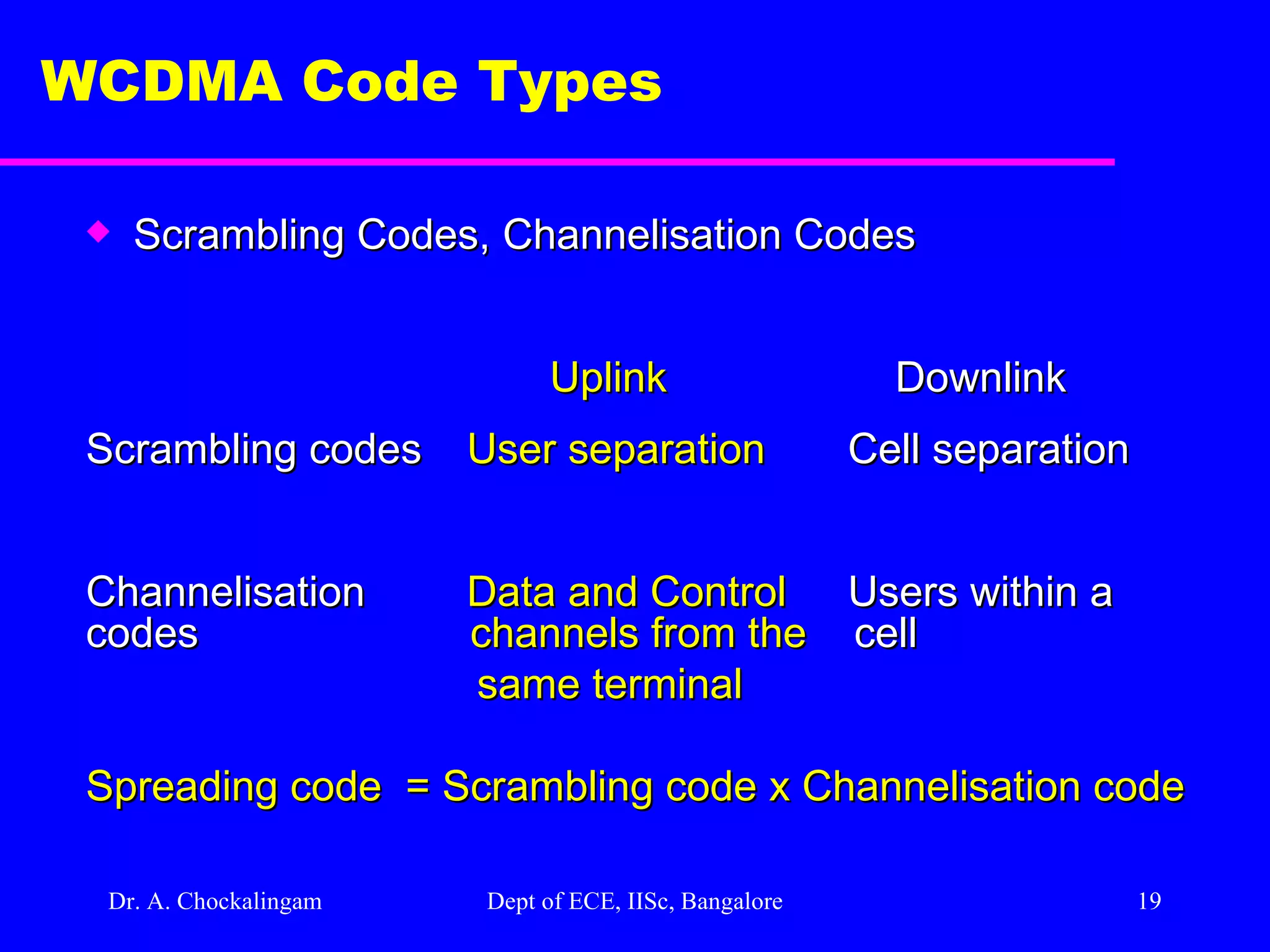 Dr. A. Chockalingam  Dept of ECE, IISc, Bangalore WCDMA Code Types Scrambling Codes, Channelisation Codes   Uplink     Downlink  Scrambling codes User separation Cell separation Channelisation Data and Control Users within a codes   channels from the   cell same terminal Spreading code  = Scrambling code x Channelisation code 