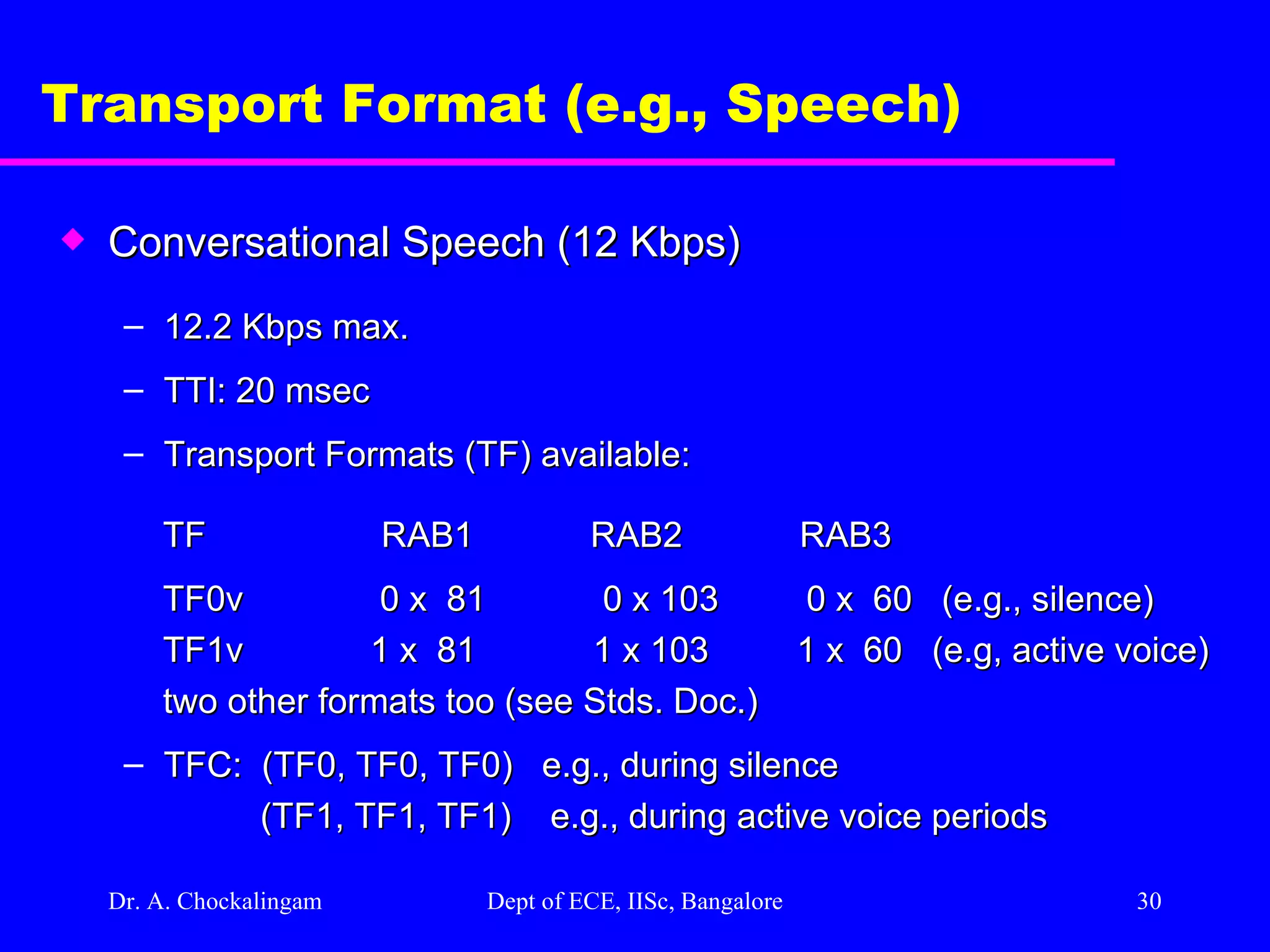 Dr. A. Chockalingam  Dept of ECE, IISc, Bangalore Transport Format (e.g., Speech) Conversational Speech (12 Kbps) 12.2 Kbps max. TTI: 20 msec Transport Formats (TF) available: TF  RAB1  RAB2  RAB3 TF0v  0 x  81  0 x 103  0 x  60  (e.g., silence) TF1v  1 x  81  1 x 103  1 x  60  (e.g, active voice) two other formats too (see Stds. Doc.) TFC:  (TF0, TF0, TF0)  e.g., during silence (TF1, TF1, TF1)  e.g., during active voice periods 