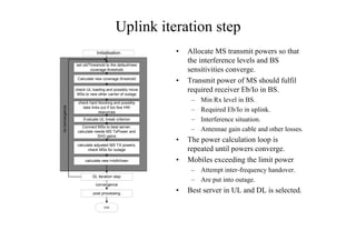 Uplink iteration step
• Allocate MS transmit powers so that
the interference levels and BS
sensitivities converge.
• Transmit power of MS should fulfil
required receiver Eb/Io in BS.
– Min Rx level in BS.
– Required Eb/Io in uplink.
– Interference situation.
– Antennae gain cable and other losses.
• The power calculation loop is
repeated until powers converge.
• Mobiles exceeding the limit power
– Attempt inter-frequency handover.
– Are put into outage.
• Best server in UL and DL is selected.
Initialisation
calculate adjusted MS TX powers,
check MSs for outage
Connect MSs to best server,
calculate neede MS TxPower and
SHO gains
Evaluate UL break criterion
check UL loading and possibly move
MSs to new other carrier of outage
Calculate new coverage threshold
set oldThreshold to the default/new
coverage threshold
calculate new i=ioth/Iown
DL iteration step
post processing
END
convergence
check hard blocking and possibly
take links out if too few HW
resources
noconvergence
 