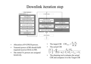 Downlink iteration step
• Allocation of P-CPICH powers.
• Transmit power of BS should fulfil
required receiver Eb/Io in MS.
• The initial Tx powers are assigned
iteratively.
• The target CIR
• The actual CIR
• The planning tool evaluates the actual
CIR and compares it to the Target CIR
( )1 ,1
N
nk nk
nk k n nk oth n k
P LPC
I P LP I Nα=
 
= 
− ⋅ + + 
∑
0
arg
b
t et
E N
CIR
W R
=
Global Initialisation
calculate target C/I’s
calculate initial TX powers for all
links
determine the SHO connections
calculate the received Perch levels
and determine the best server in DL
allocate the CPICH powers
Initialise deltaCIold
post processing
END
calculate the MS senisitivities
Adjust TX powers of each remaining
link accordingly to deltaCI
check UL and DL break criteria
calculate the SHO diversity
combining gains; adjust the required
change to C/I
check CPICH ec/Io
calciulate the C/I for each connection
calculate C/I for each MS
update deltaCIold
fulfilled
UL iteration stepInitialise iterations
 
