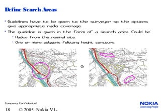 Company Confidential
Define Search Areas
• Guidelines have to be given to the surveyor so the options
give appropriate radio coverage.
• The guideline is given in the form of a search area. Could be:
• Radius from the nominal site.
• One or more polygons following height contours.
Or
 