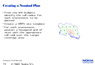 Company Confidential
Creating a Nominal Plan
• From the link budgets,
identify the cell radius for
each environment to be
planned.
• Create a UMTS site template
• For each environment,
position a hexagonal grid of
sites with the appropriate
cell radii over the target
coverage area.
 