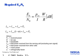 Company Confidential
Required Eb/N0
[ ]dB
R
W
I
p
N
E rxb
⋅=
0
NothownDL PIII ++−= )1( α
NothownUL PIII ++=
Where:
Prx = received power
R = bit rate
W = bandwidth
Iown = total power received from the serving cell (excluding own signal)
Ioth = total power received from other cells
PN = noise power
α = orthogonality factor
 