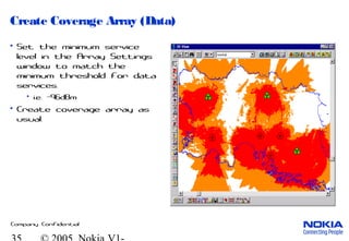 Company Confidential
Create Coverage Array (Data)
• Set the minimum service
level in the Array Settings
window to match the
minimum threshold for data
services.
• i.e. -96dBm
• Create coverage array as
usual.
 
