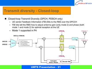 Transmit diversity - Closed-loop

        Closed-loop Transmit Diversity (DPCH, PDSCH only)
         – UE sends Feedback Information (FBI) Bits to the RBS over the DPCCH
         – FBI bits tell the RBS how to adjust antenna gain (only mode 2) and phase (both
           mode 1 and mode 2) for optimal reception at the UE
         – Mode 1 supported in P4                                      CPICH1          Antenna 1


             DCH (or PDSCH)

                                                                         Σ             Antenna 2
DPCCH                •   S/P Demux
                     •   Channelization
           MUX       •   Scrambling
DPDCH
                     •   I/Q Modulation

                                                                         Σ


                                                                       CPICH2


                                                         Calculate
                                                                          Decode FBI
                                                       Gains, Phases


                                          UMTS Presentation - 21
 