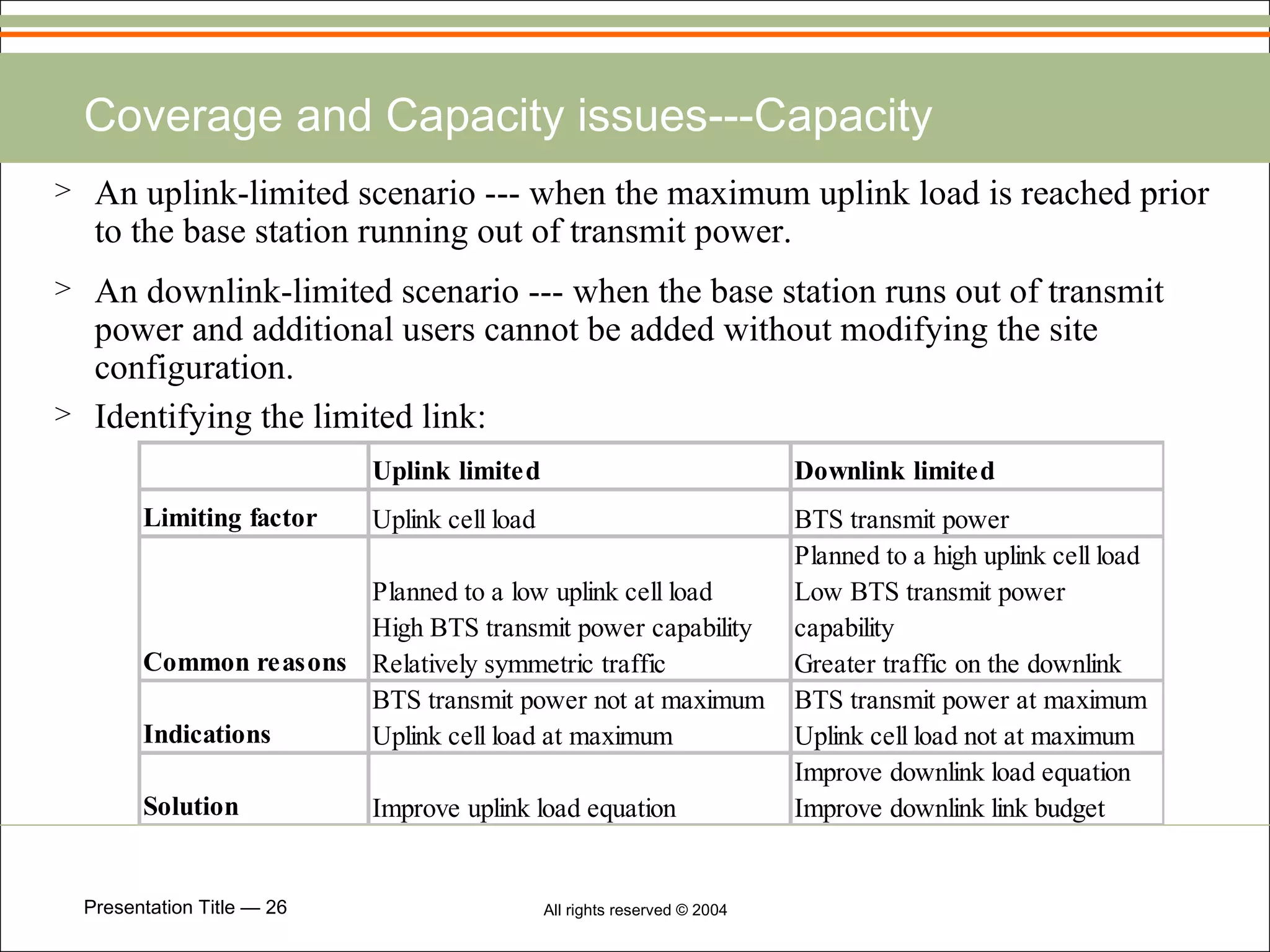 Coverage and Capacity issues---Capacity An uplink-limited scenario --- when the maximum uplink load is reached prior to the base station running out of transmit power. An downlink-limited scenario --- when the base station runs out of transmit power and additional users cannot be added without modifying the site configuration. Identifying the limited link: 